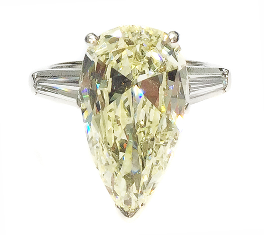 Platinum and diamond ring centered by a pear-shape diamond weighing a staggering 7.50 carats. Estimate: $20,000-$30,000. A.B. Levy’s image.